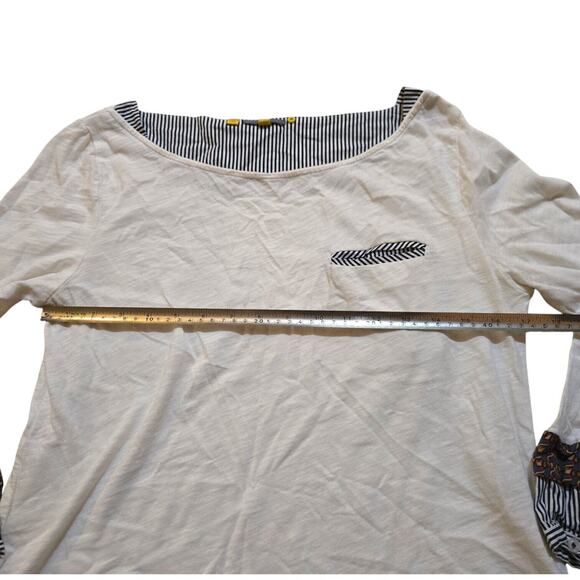 anthropologie little yellow button boat neck white blouse pocket tee SZ M - Picture 4 of 5